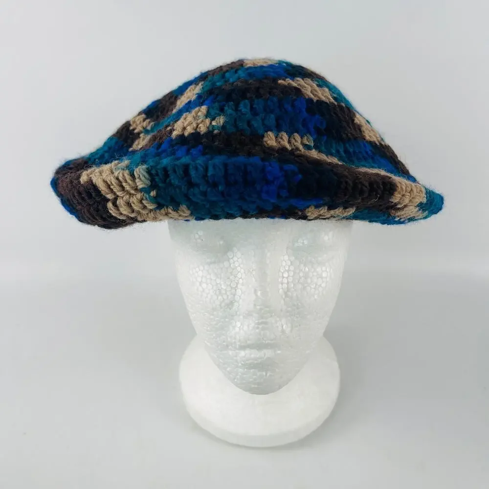 Handmade Crochet Beret Slouch Round Hat Blue Brown - Picture 4 of 4